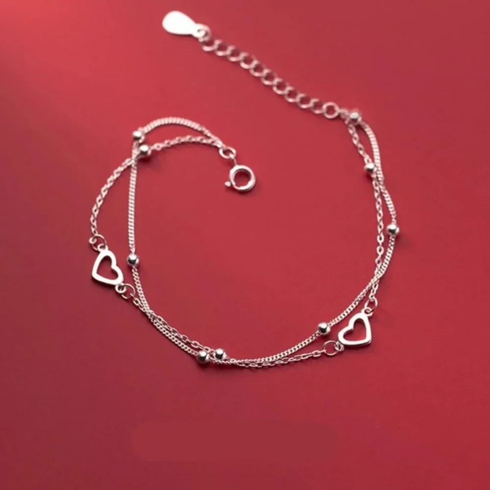 925 Sterling Silver Double Layer Bracelet Heart For Women Sweet Chain St… - Picture 5 of 6